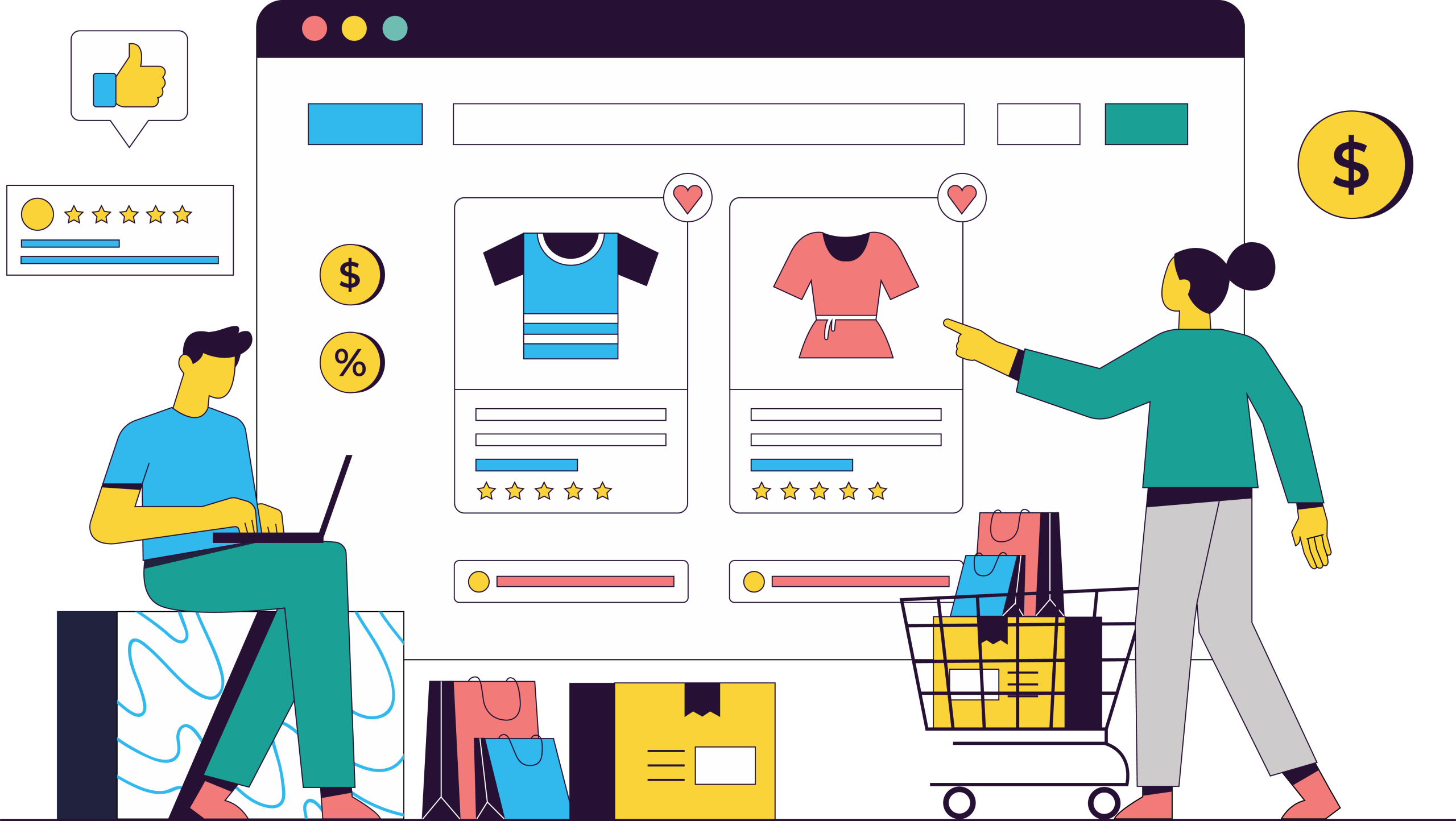 Illustration of WooCommerce store with shoppers, products, and shopping cart